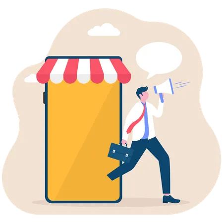 Businessman in smartphone screen with online store talking in megaphone  Illustration