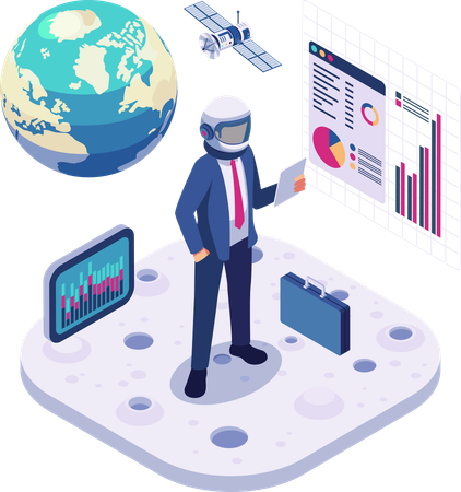 Businessman in Space Suit Analysing Investment Chart  Illustration