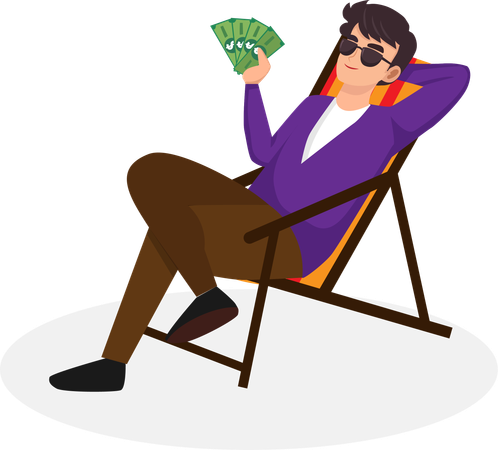 Businessman in stock market sits on folding chair and raises hands with dollar bills  Illustration