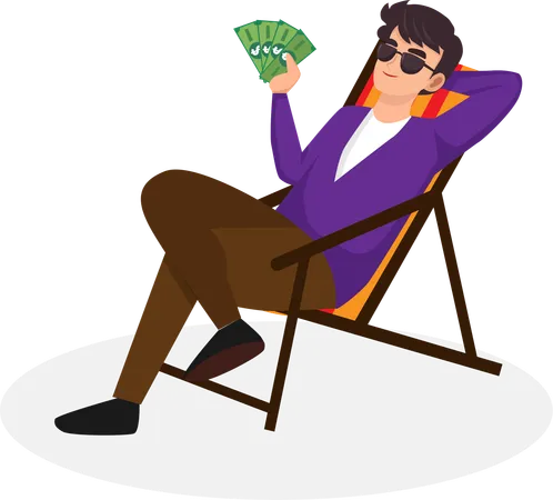 Businessman In The Stock Market Sits On A Folding Chair And Raises His Hands With Dollar Bills Earned From Stock Trading Illustration