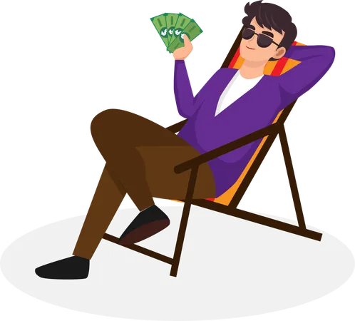 Businessman in stock market sits on folding chair and raises hands with dollar bills  Illustration