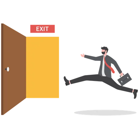 Businessman in suit running in hurry to emergency door with the sign exit  Illustration