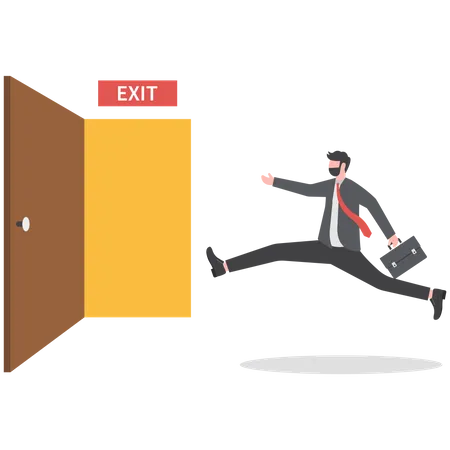 Quit Routine Job Leaving Or Escape Way For Business Dead End To Be Success Or Exit From Work Difficulties Concept Businessman Worker In Suit Running In Hurry To Emergency Door With The Sign Exit Illustration