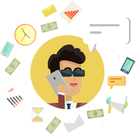 Businessman in sunglasses with phone managing creative office work  Illustration