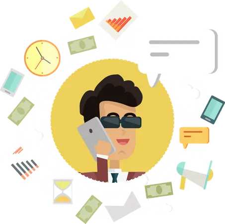 Businessman in sunglasses with phone managing creative office work  Illustration