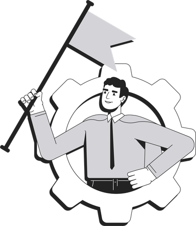 Businessman in superhero cape holding flag inside gear  Illustration