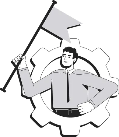 Businessman in superhero cape holding flag inside gear  Illustration