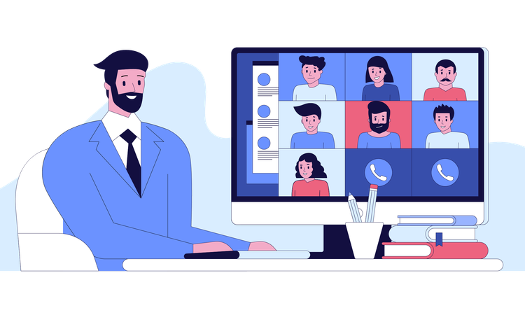 Businessman in video conference while working from remote location  Illustration