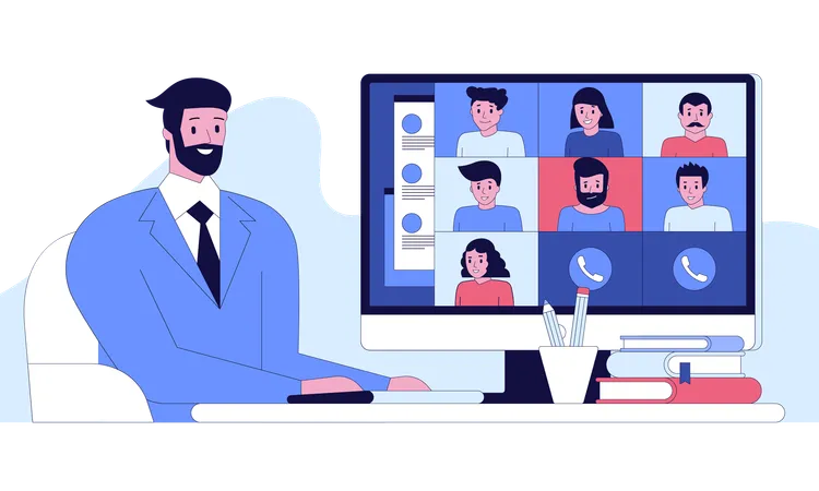 Businessman in video conference while working from remote location  Illustration