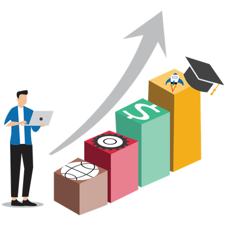 Businessman individual charting course through different career stages with directional arrows  Illustration