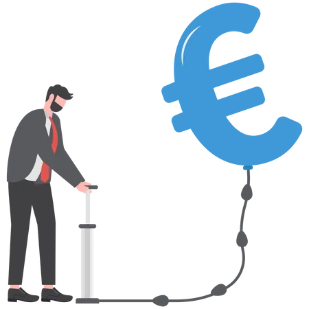 Businessman inflate air pump into floating Euro money coin  Illustration