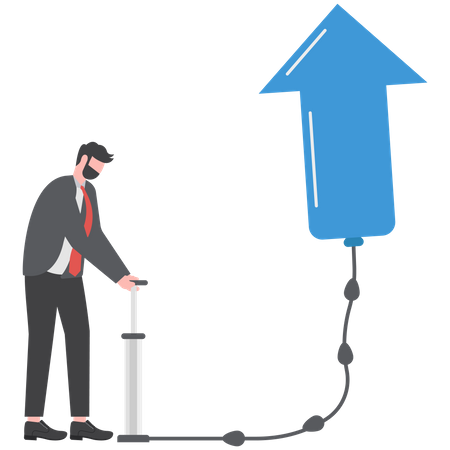 Businessman inflate air pump into floating green arrow up  イラスト