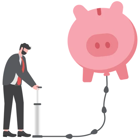 Saving Or Investment Growth Money Or Financial Deposit Wealth Building Revenue Increase Or Income Earning Or Profit Rich And Prosperity Concept Businessman Inflate Piggy Bank To Be Bigger Illustration