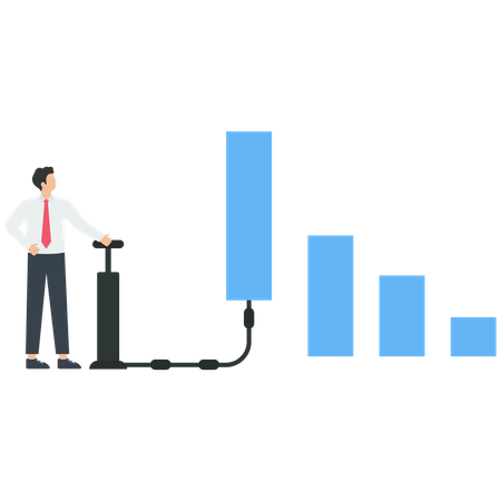 Businessman inflates a bar graph  Illustration