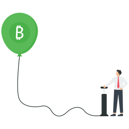 Businessman inflates a bitcoin symbol balloon with a bicycle pump  Illustration