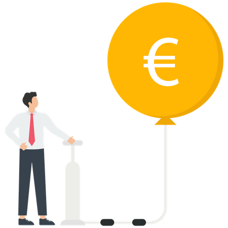 Businessman inflates a euro symbol balloon with a bicycle pump  Illustration