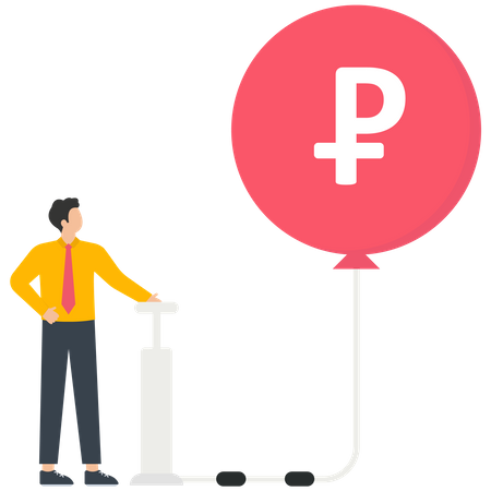 Businessman inflates a Ruble symbol balloon with a bicycle pump  Illustration