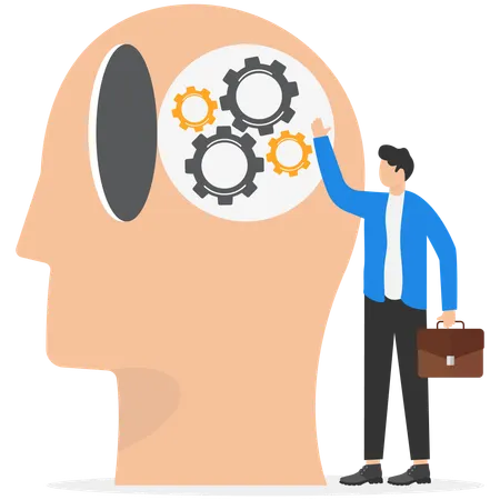 Businessman installing gears in human head  Illustration