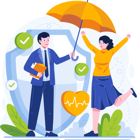 Businessman Insurance Agent Holding an Umbrella Protecting a Female Client  Illustration
