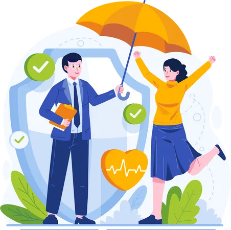 A Businessman Insurance Agent Holding An Umbrella Protecting A Female Client Insurance Concept Illustration Illustration