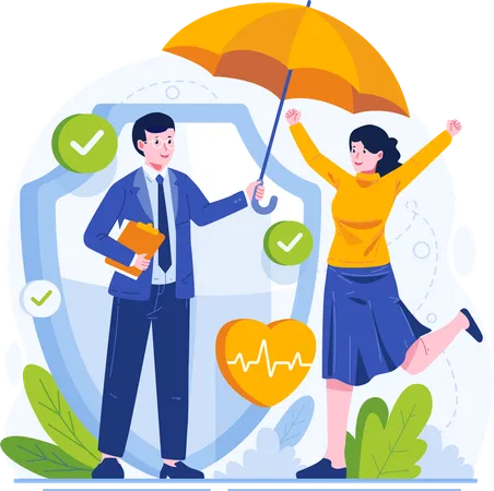 Businessman Insurance Agent Holding an Umbrella Protecting a Female Client  Illustration