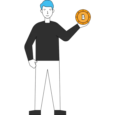 The Boy Is Standing With A Bitcoin In His Hand Illustration