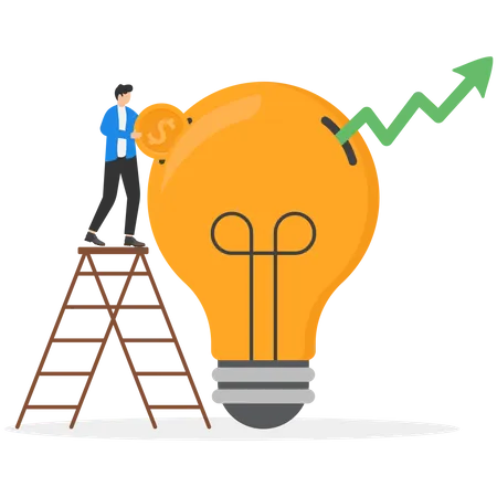 Investment In Knowledge For More Success Paying For Additional Learning And Skill Enhancement Concept Businessman Putting Coin In Light Bulb While Soaring Graph Out Illustration