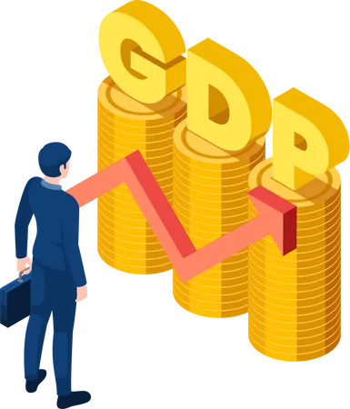 Flat 3 D Isometric Businessman With GDP Word On Coin Stack With Growth Red Arrow Gross Domestic Product And Economic Growth Concept Illustration