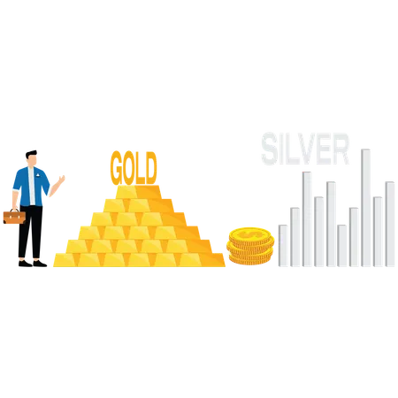 金と銀に投資するビジネスマン  イラスト
