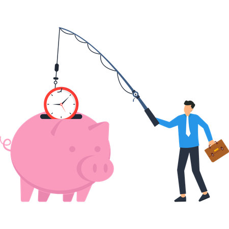 Businessman investing time is money  with fishing rod clock and piggy bank for financial planning and retirement savings  Illustration