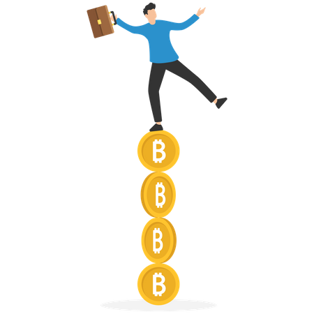 Businessman investor balancing as acrobat on giant bitcoin  Illustration