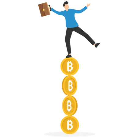 Businessman investor balancing as acrobat on giant bitcoin  イラスト