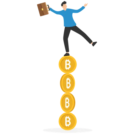 Businessman investor balancing as acrobat on giant bitcoin  Illustration