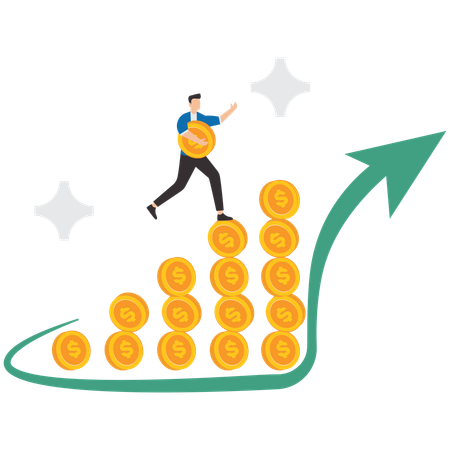 Businessman investor brings money and flags up money graph to reach pinnacle of success  Illustration