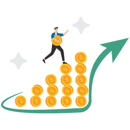 Businessman investor brings money and flags up money graph to reach pinnacle of success  Illustration