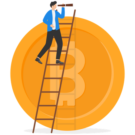 Businessman investor climb up ladder on top of Bitcoin using spyglass telescope to see opportunity  Illustration