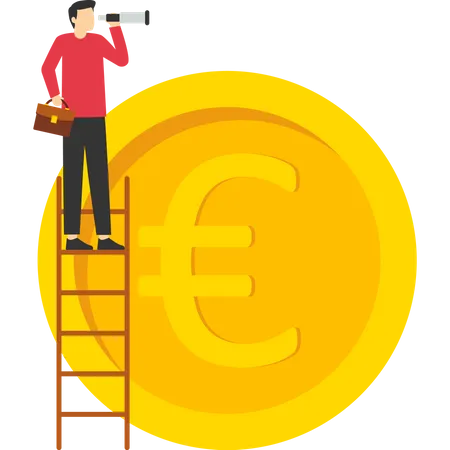 Businessman Investor Climbing Stairs On The Euro Currency Symbol Looking At The Telescope For Clear Vision Forecast Or Vision Of A Future European Economy Financial Or EU Economic Recession Illustration