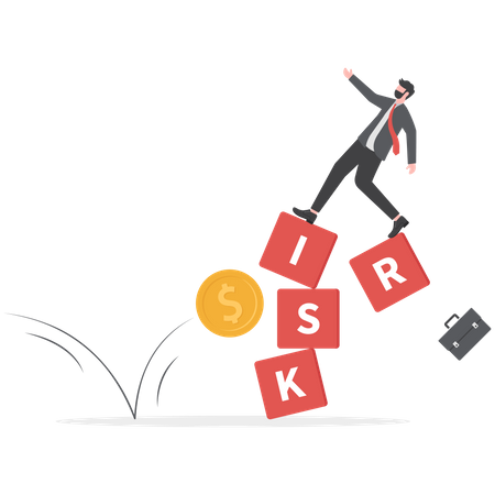 Businessman investor falling from stack block with word risk impact by money coin  Illustration