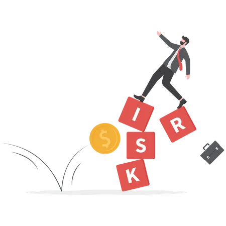 Investment Risk Volatility And Fluctuation In Stock Market That Price Will Drop Stability And Uncertainty Concept Businessman Investor Falling From Stack Block With Word RISK Impact By Money Coin Illustration