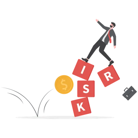 Businessman investor falling from stack block with word risk impact by money coin  Illustration