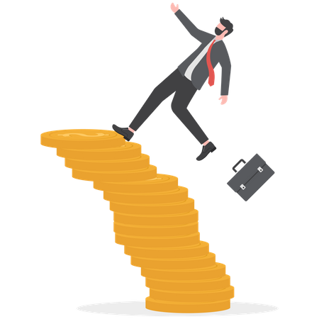 Businessman investor falling from stack of unstable money coins  Illustration