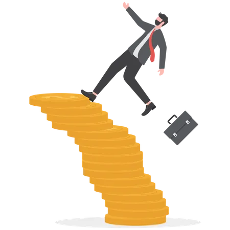 Financial Instability Concept Businessman Investor Falling From Stack Of Unstable Money Coins Unstable Investment Market Risky Situation Or Economic Recession Crisis Or Bankruptcy Vector Illustrator Illustration