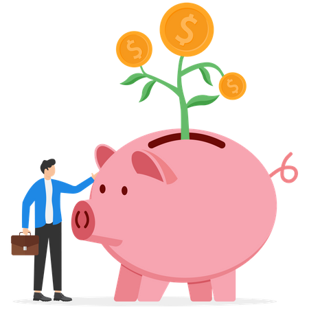 Businessman investor hand holding money flower plant from piggy bank  Illustration