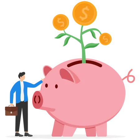 Businessman investor hand holding money flower plant from piggy bank  Illustration
