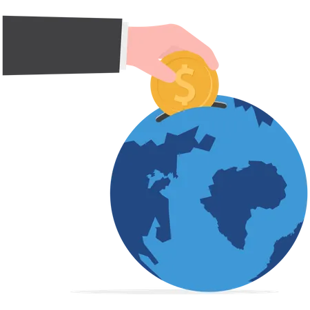 International Economy Global Investment Financial Opportunity Around The World Developed Market And Emerging Markets Concept Businessman Investor Hand Put Dollar Coin Money Into Globe Coin Bank Illustration