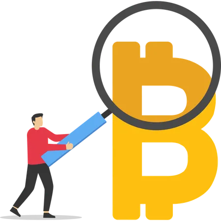 Businessman investor holding a magnifying glass analyzing bitcoin prices  Illustration