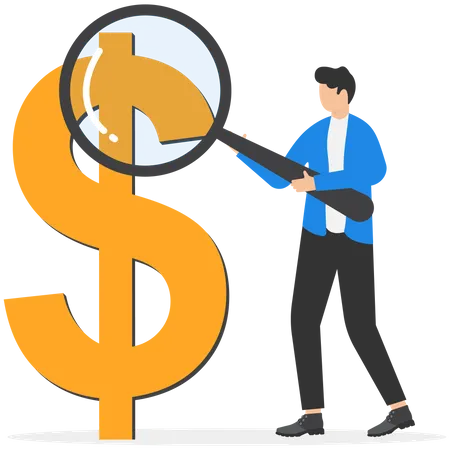 Businessman investor holding a magnifying glass analyzing dollar prices  Illustration