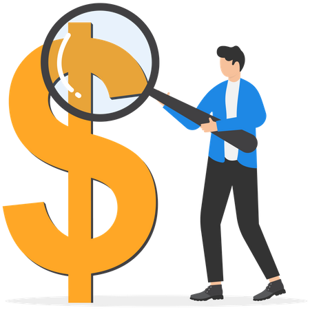 Businessman investor holding a magnifying glass analyzing dollar prices  Illustration