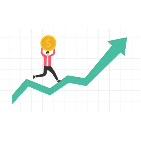 Businessman investor holding big money coin walk up rising graph  Illustration