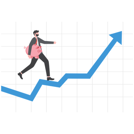 Businessman investor holding big money walk up rising graph.  Illustration